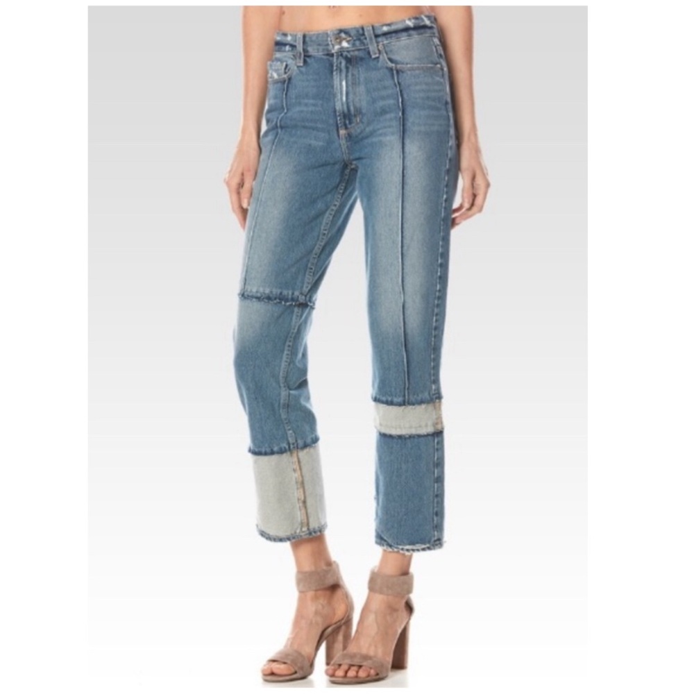 PAIGE High Rise Sarah Straight Seamed Ravine Distressed Denim Jean Pants Size 28